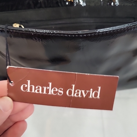 CHARLES DAVID Patent Leather Envelope Clutch Handbag Purse Black Foldover NWT - Picture 11 of 16